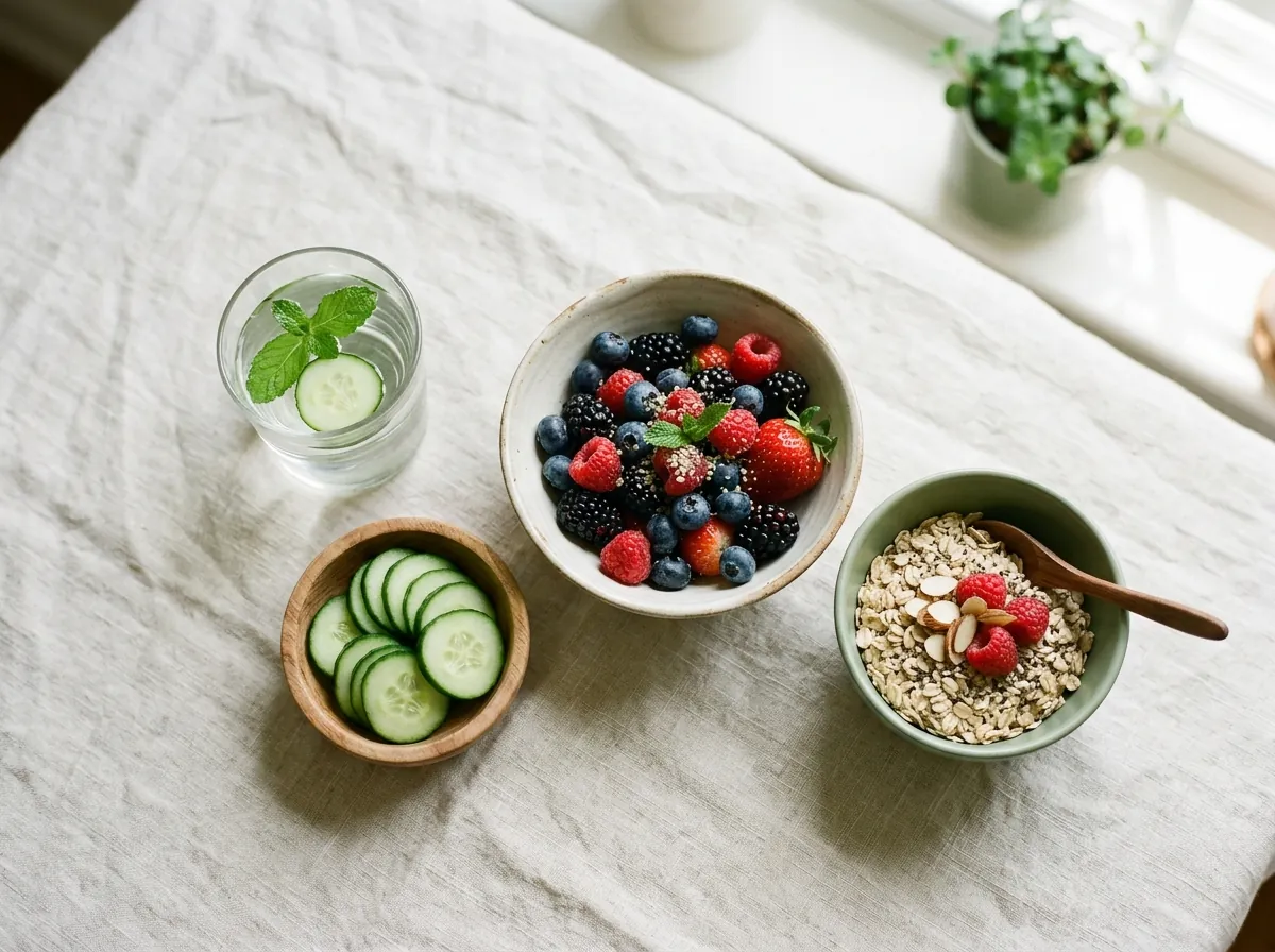 A glass of water, a bowl of berries, cucumber slices, and oats on a table