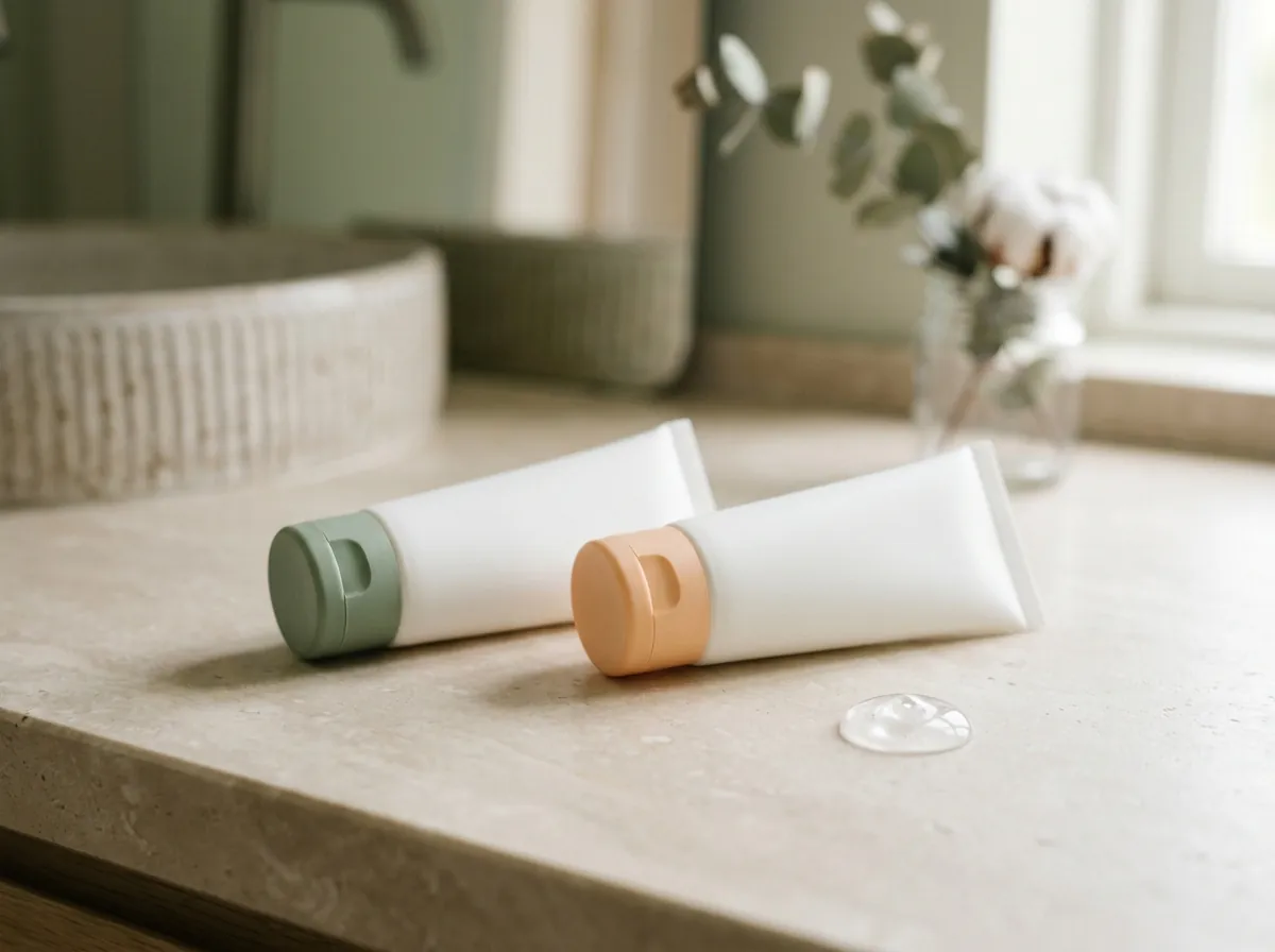Two small white tubes with a green cap and an orange cap, and a drop of clear gel