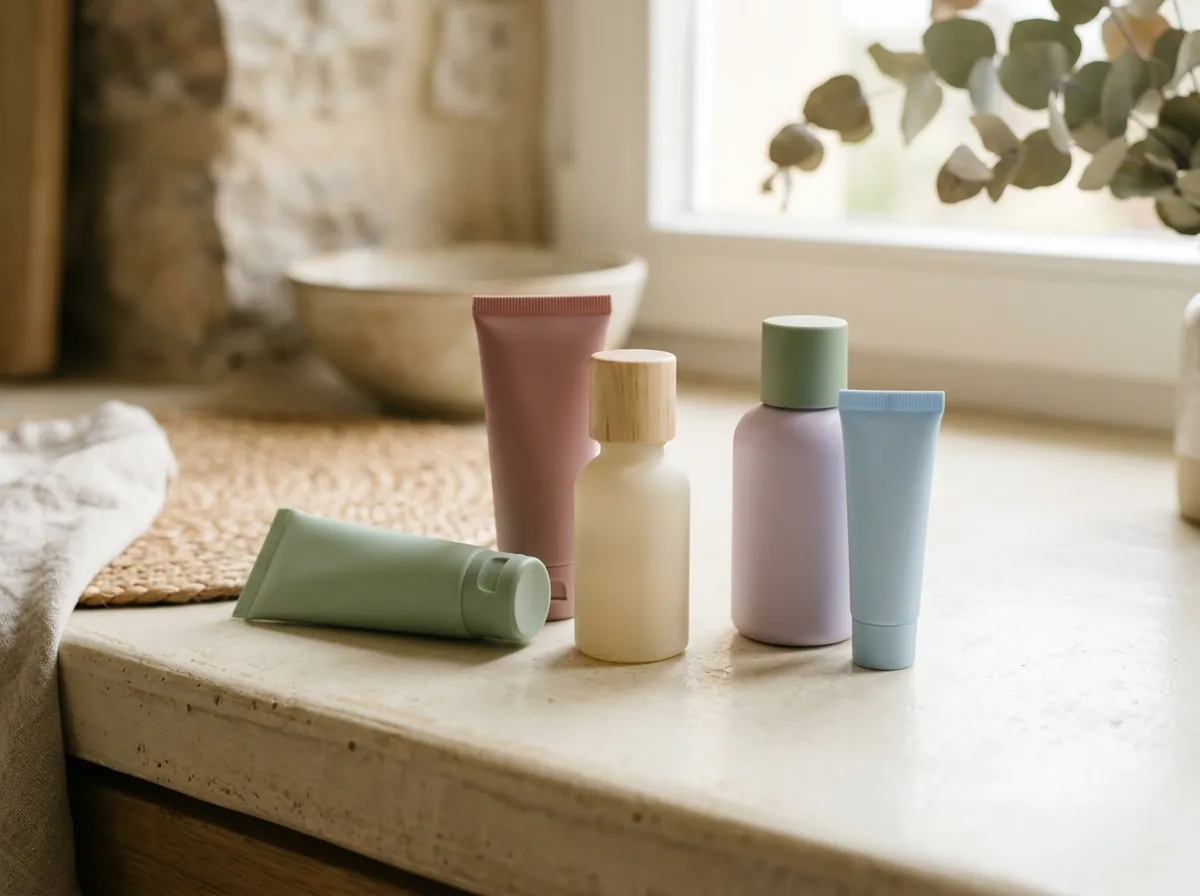 Five different tubes and bottles crowded together on a counter