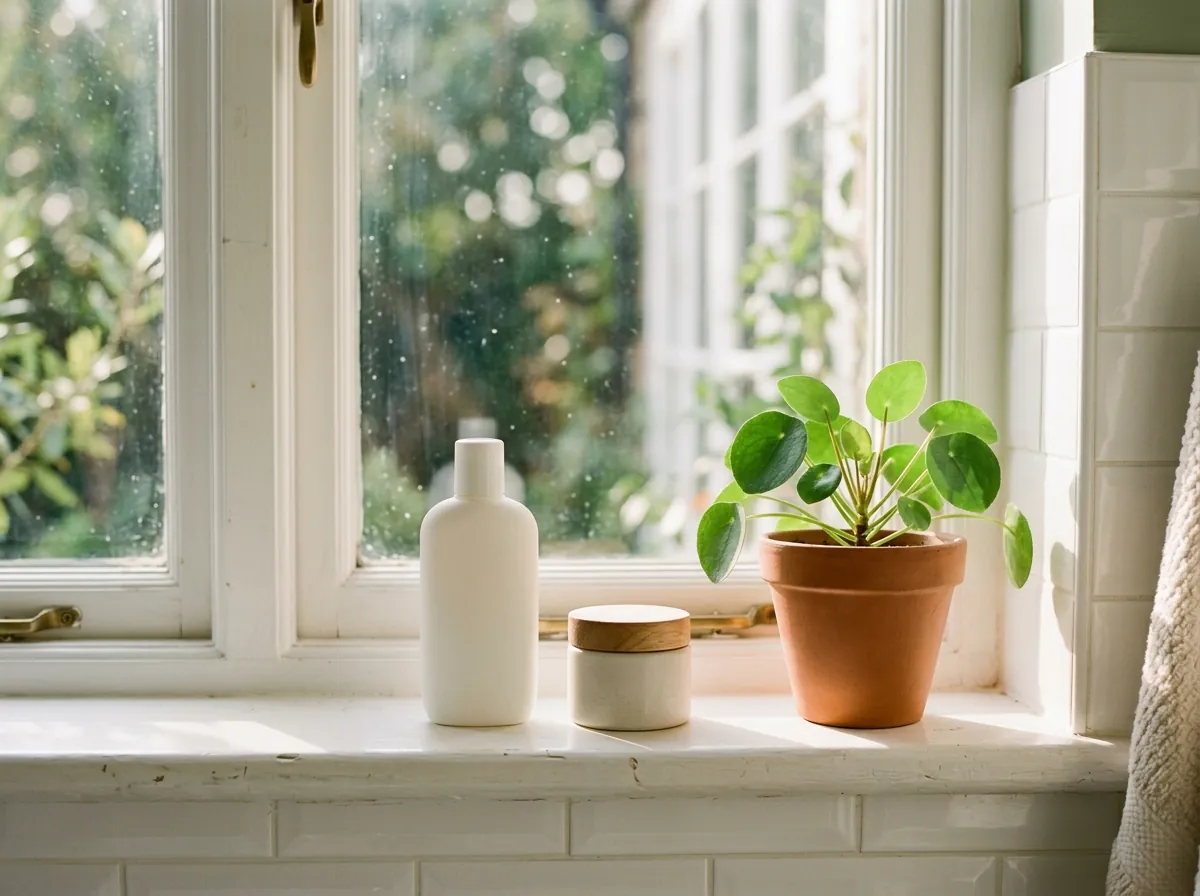A sunscreen bottle and a small cream jar on a sunny windowsill