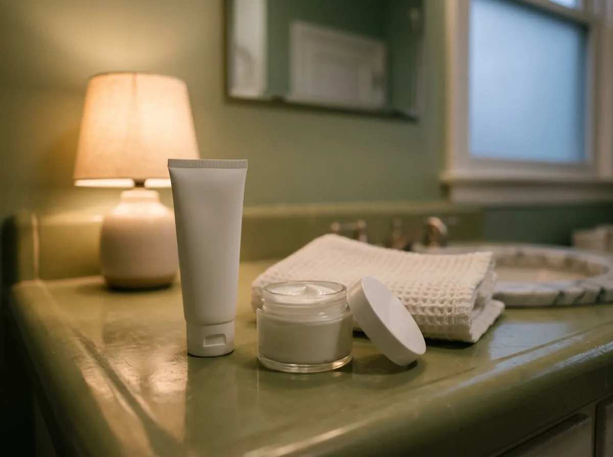 A tube and an open jar of moisturizer on a bathroom counter at night, lit by a small lamp