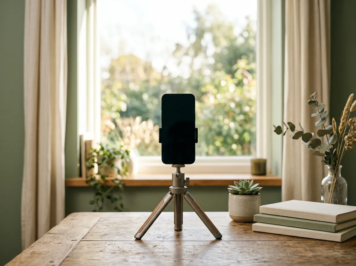 A phone on a small tripod facing a bright window, ready for a daily photo