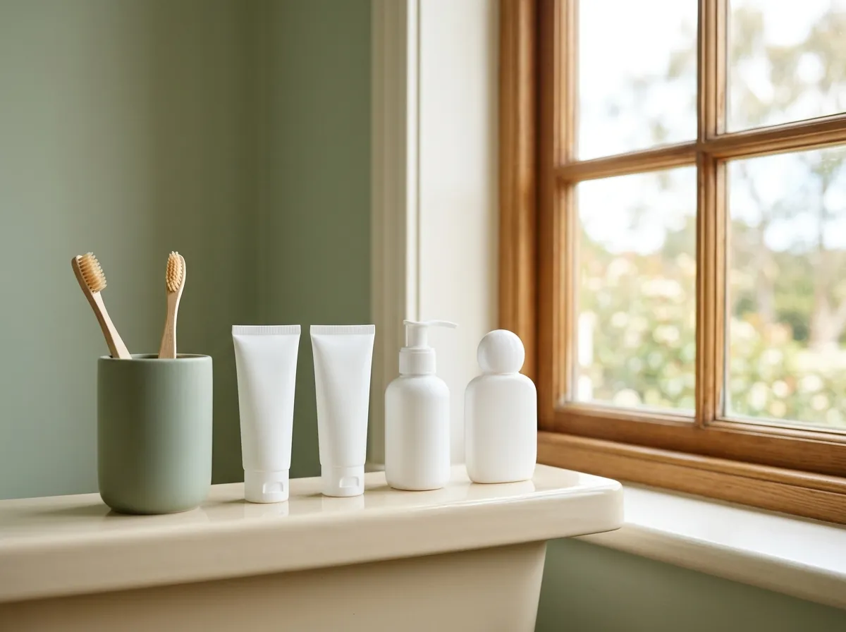 A bathroom shelf with a toothbrush cup, two tubes, a pump bottle, and a sunscreen bottle