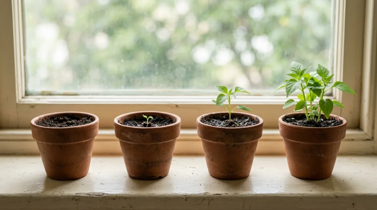 Four pots on a windowsill showing a plant growing from bare soil to leafy