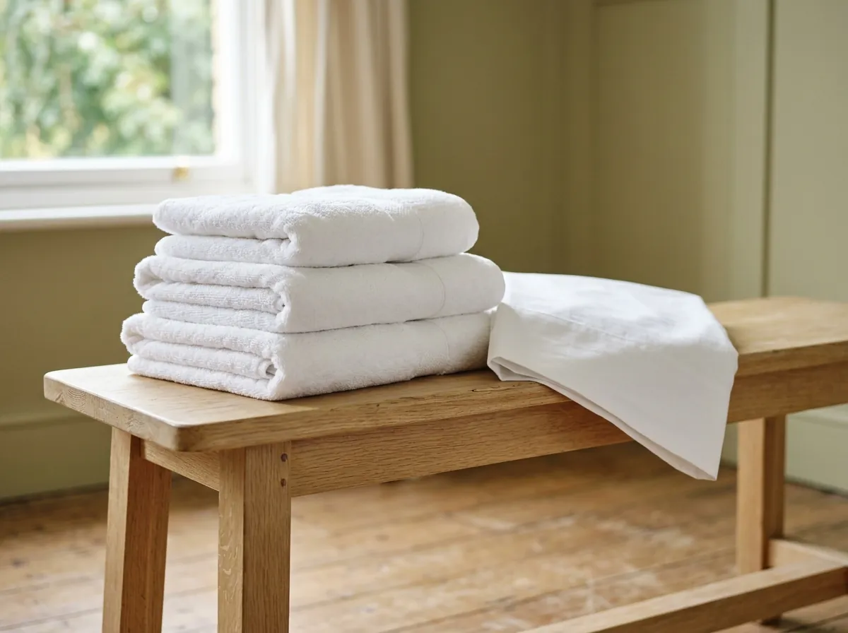 A stack of white towels and a white pillowcase on a wooden bench