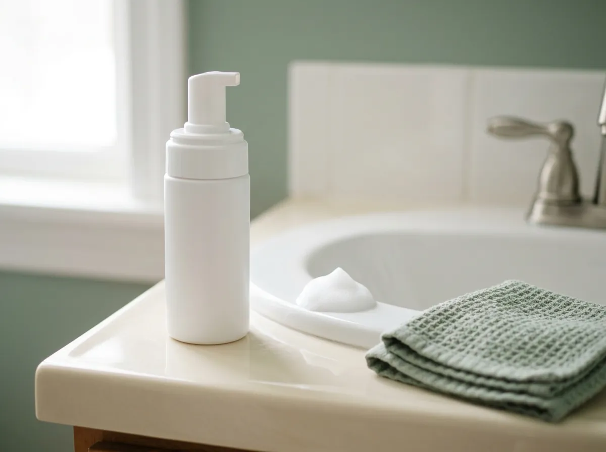 A white pump bottle of gentle face wash next to a bathroom sink