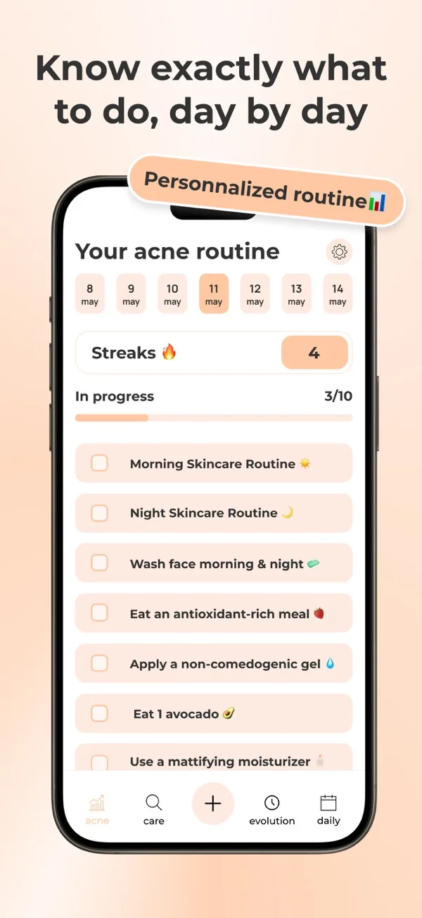 AcneTrack app daily checklist with morning and night routines and habit tasks.