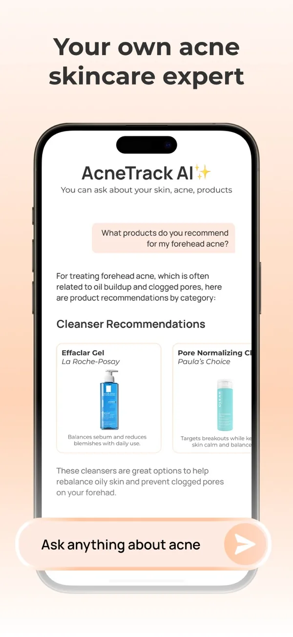 AcneTrack app AI chat recommending named cleansers for forehead acne.