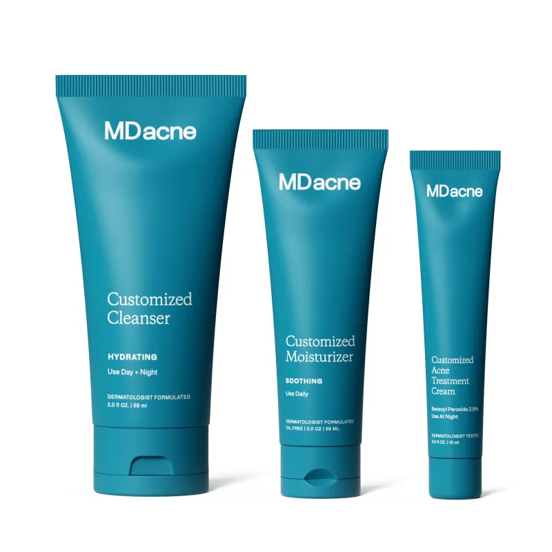 MDacne's own photo of three teal tubes: a hydrating cleanser, a soothing moisturizer and a benzoyl peroxide 2.5% night cream.
