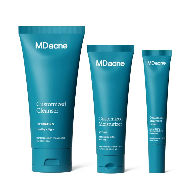 MDacne's own photo of three teal tubes: a hydrating cleanser, a niacinamide 2% moisturizer and a retinol 0.25% night cream.