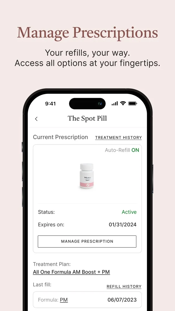 Musely app screen for managing a prescription, with auto-refill switched on and a refill history.