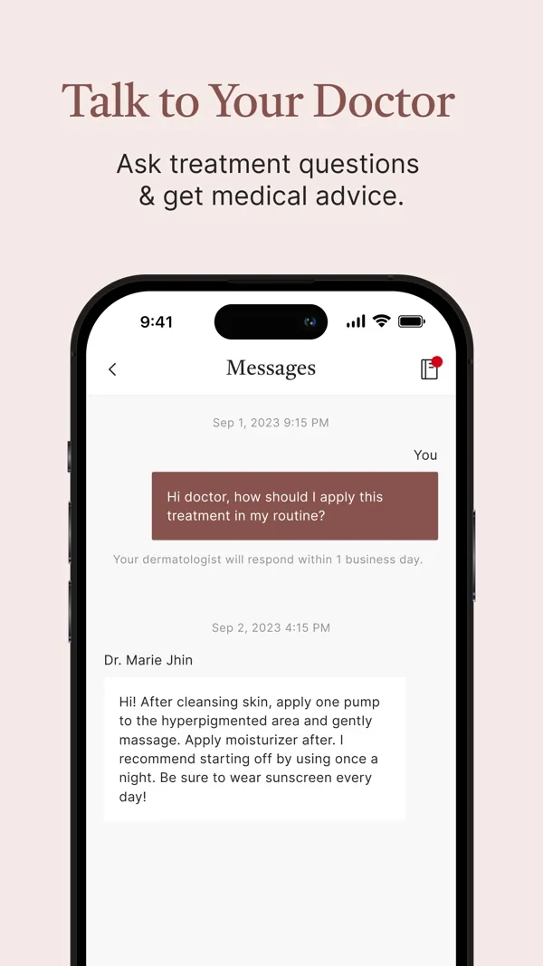 Musely app messages screen where a patient asks a doctor how to apply a treatment and gets a reply.