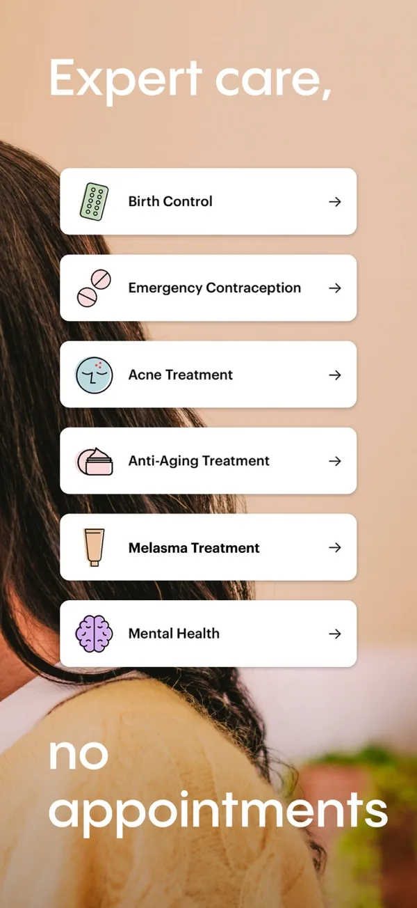 Nurx app menu listing birth control, emergency contraception, acne treatment, anti-aging, melasma and mental health.