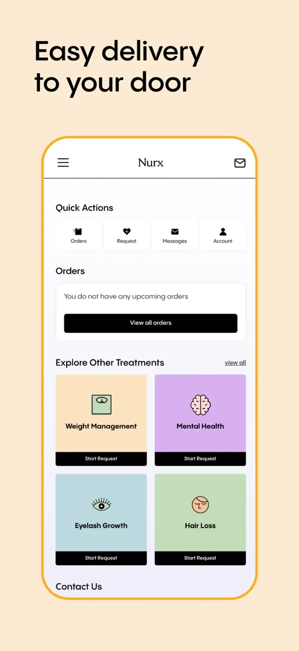 Nurx app home screen with orders, messages and other treatments such as weight management and hair loss.