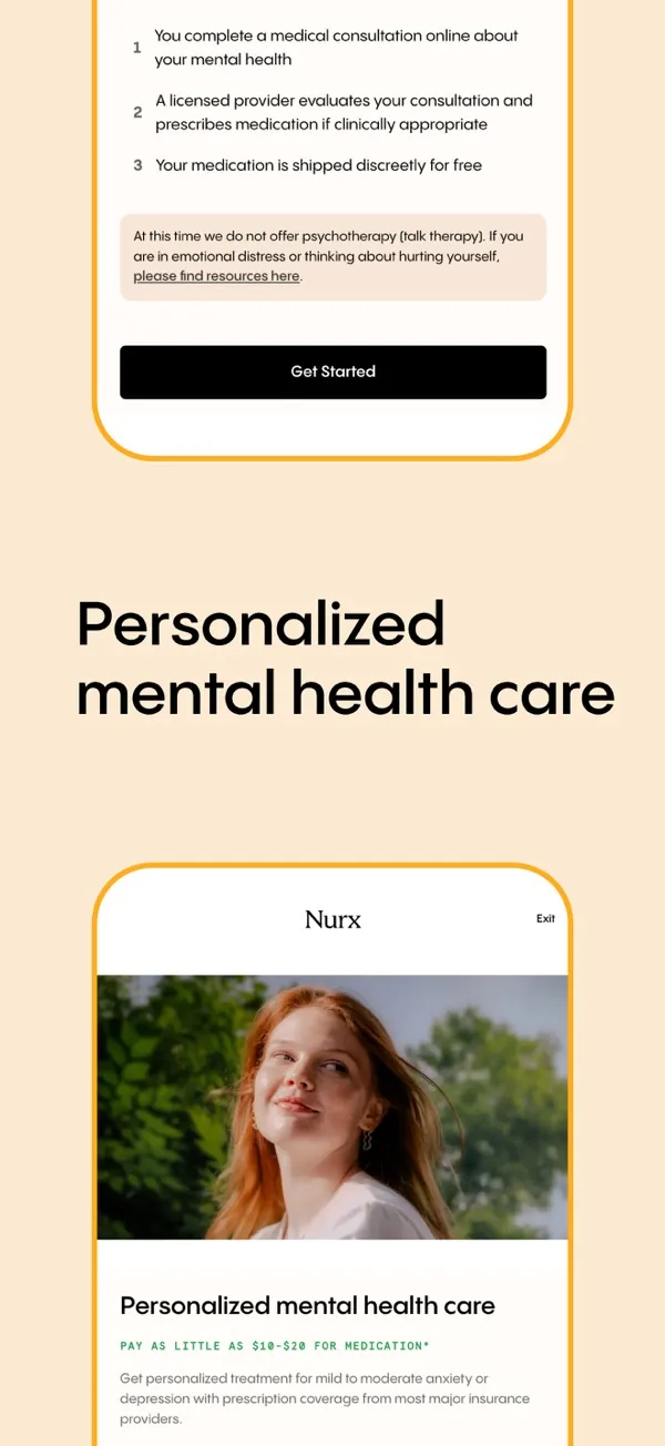 Nurx app screen explaining the three steps: online visit, provider review, and free shipping.