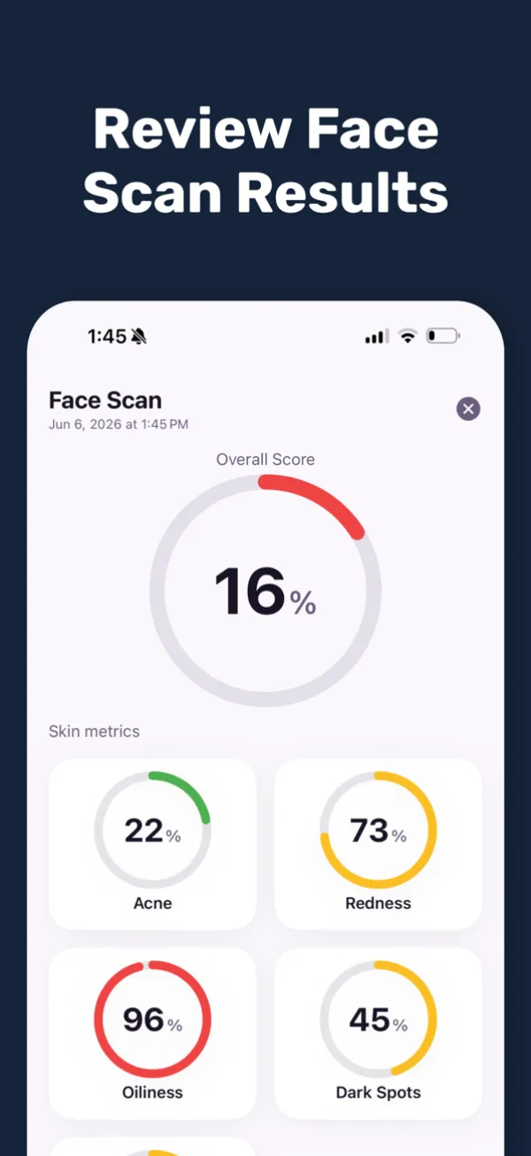 Pimpl face scan results with an overall score of 16 and rings for acne, redness, oiliness and dark spots.