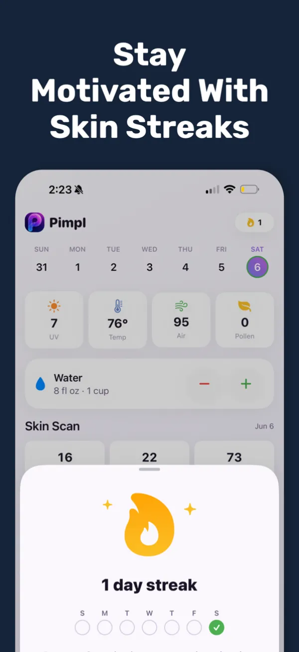Pimpl streak screen with a flame icon, a one day streak, and weather and water tracking above.
