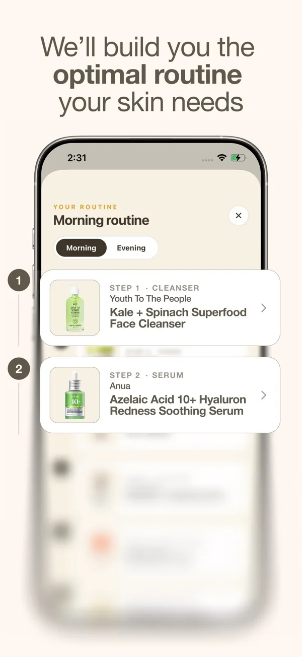Skan app morning routine with a named cleanser and a named serum as steps one and two.