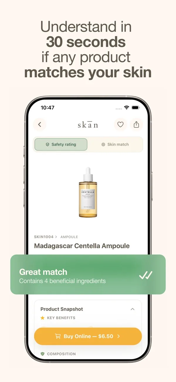 Skan app product page showing a skin match rating and a buy online button.