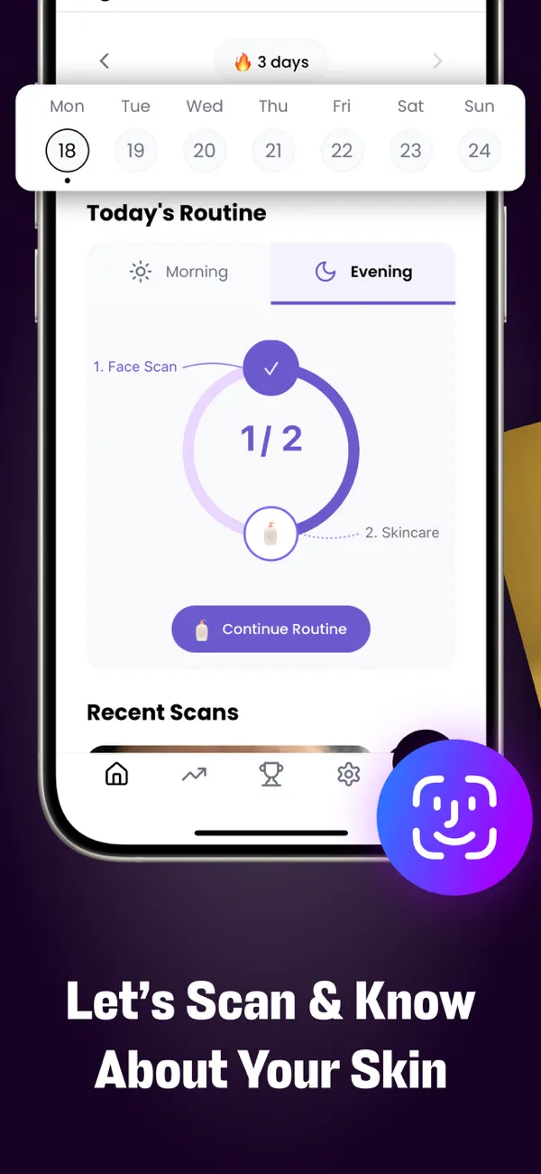 SkinPal AI daily routine screen with a week calendar, a face scan step and a skincare step.