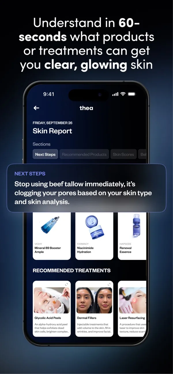 Thea app skin report with next steps and recommended products and treatments.