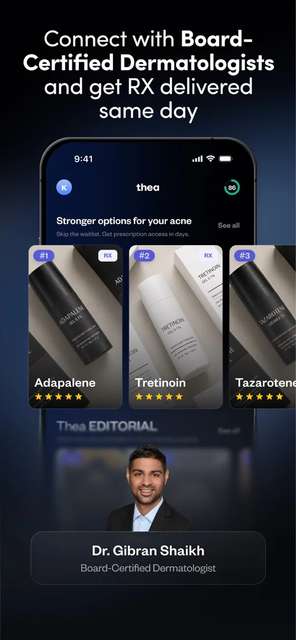 Thea app screen offering prescription options for acne, including adapalene and tretinoin, from board-certified dermatologists.