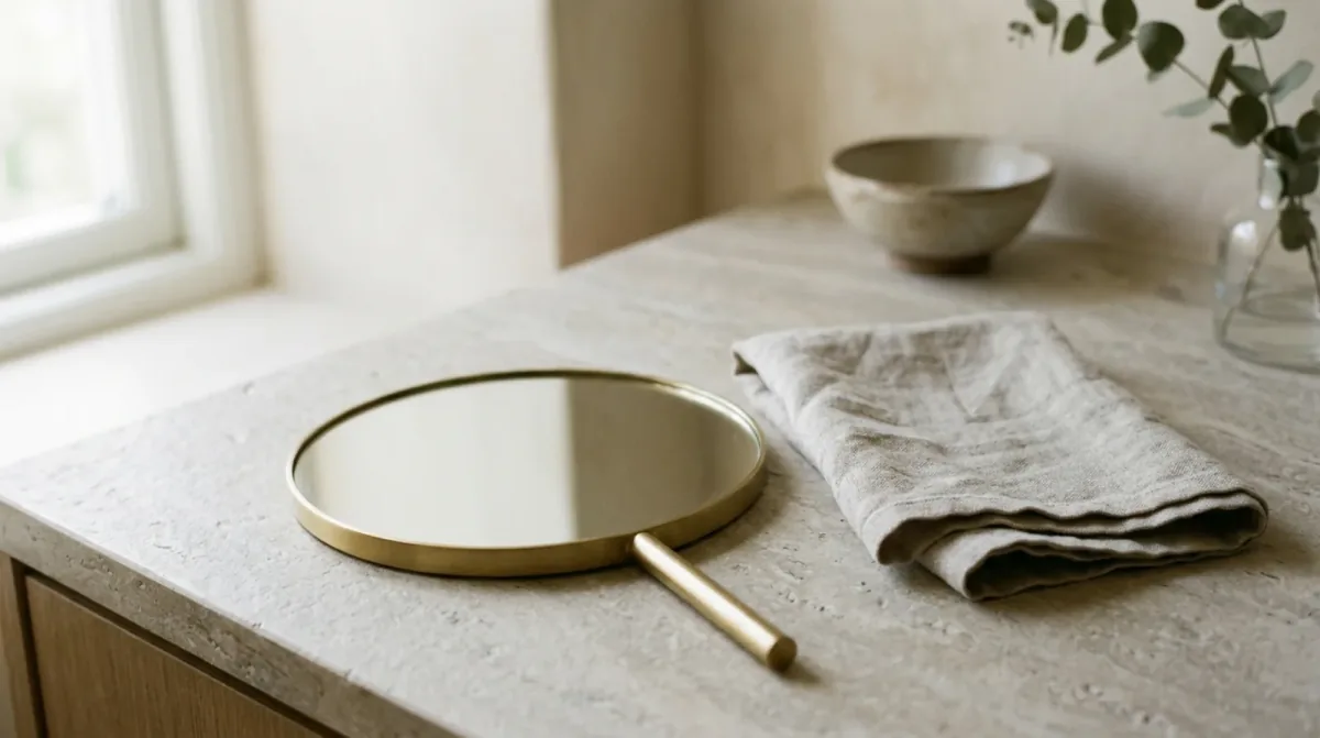 A round brass hand mirror and a folded linen cloth on a stone counter by a window, with a plain bowl behind them