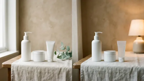 A set of plain skincare bottles arranged for a morning routine next to the same bottles arranged for an evening routine