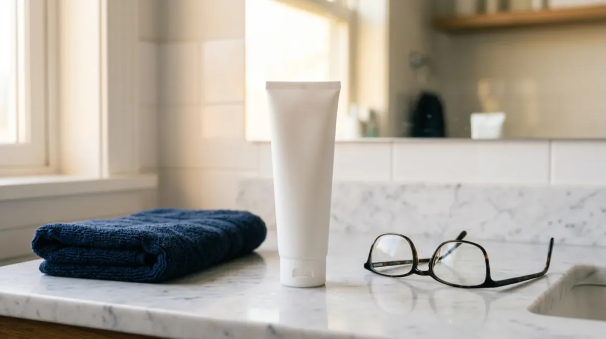 A plain white squeeze tube standing on a marble bathroom counter between a folded navy hand towel and a pair of black reading glasses