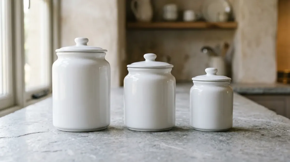 Three white ceramic jars with lids in different sizes standing in a row on a gray stone counter