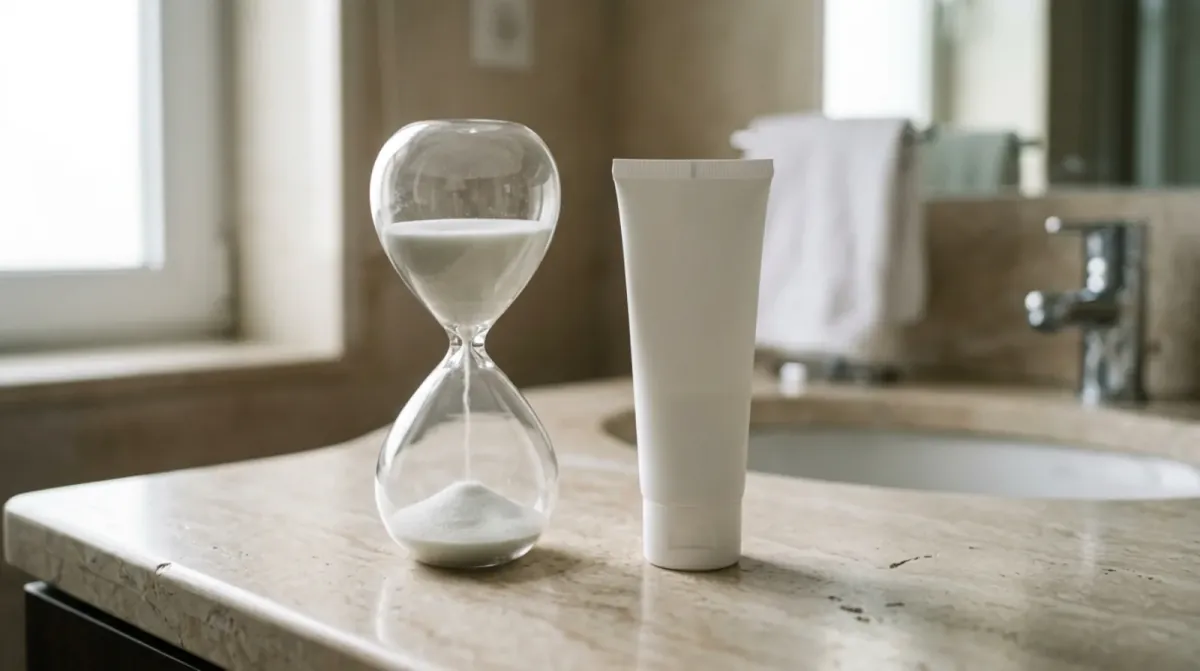 An hourglass with white sand next to a white squeeze tube on a pale stone bathroom counter beside a sink