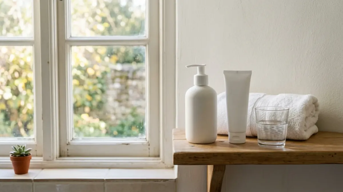 A white pump bottle, a white tube, a rolled white towel and a glass of water on a wooden side table beside a sunny window with a small succulent