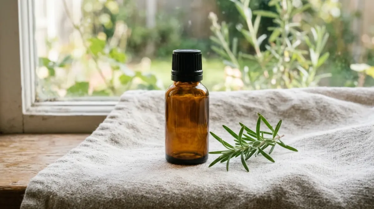 An amber glass bottle and a sprig of rosemary lying on a folded linen cloth on a windowsill with green plants outside