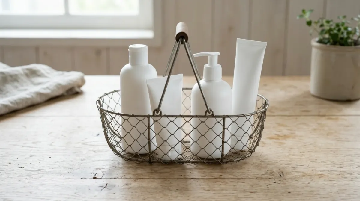A wire basket holding white pump bottles and tubes on a worn wooden table, with a folded towel and a potted plant by a window