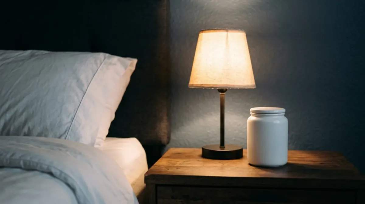 A lit bedside lamp and a white jar on a wooden night table next to a bed with pale blue sheets