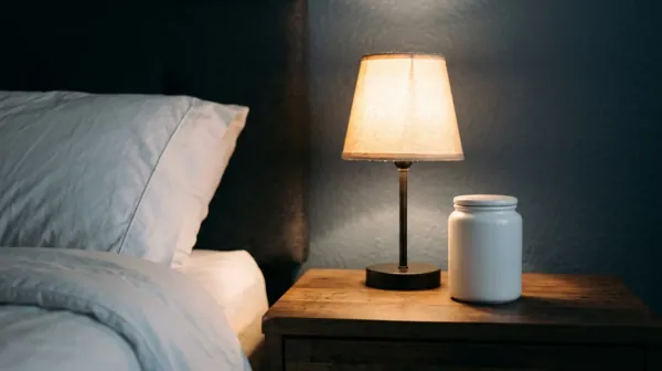 A lit bedside lamp and a white jar on a wooden night table next to a bed with pale blue sheets