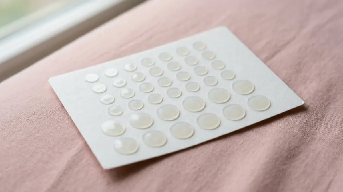 A sheet of small round clear patches in several sizes lying on a pink cloth