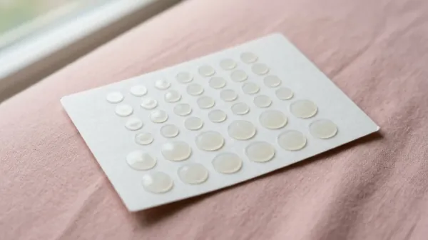 A sheet of small round clear patches in several sizes lying on a pink cloth