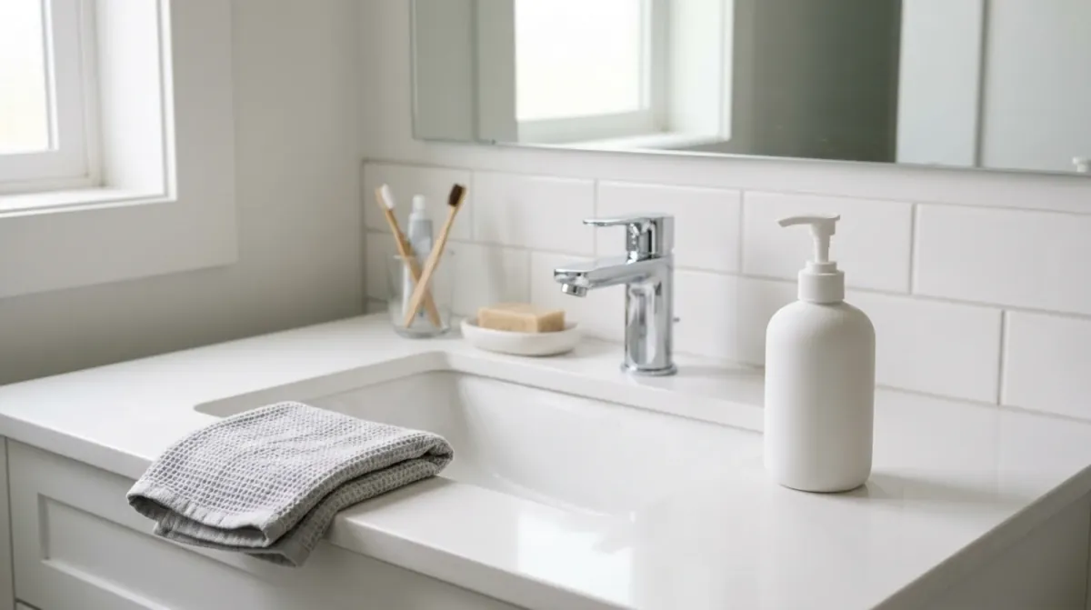 A white pump bottle and a folded grey washcloth on the edge of a white bathroom sink under a window