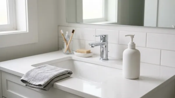 A white pump bottle and a folded grey washcloth on the edge of a white bathroom sink under a window