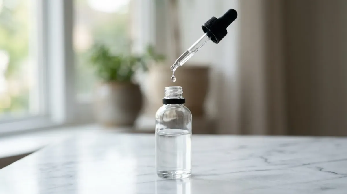 A black dropper releasing a drop of clear liquid into a small glass bottle on a white marble counter