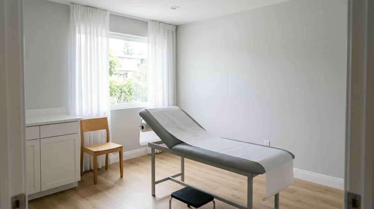 A bright treatment room with a padded exam table, a wooden chair and white cabinets under a window with sheer curtains