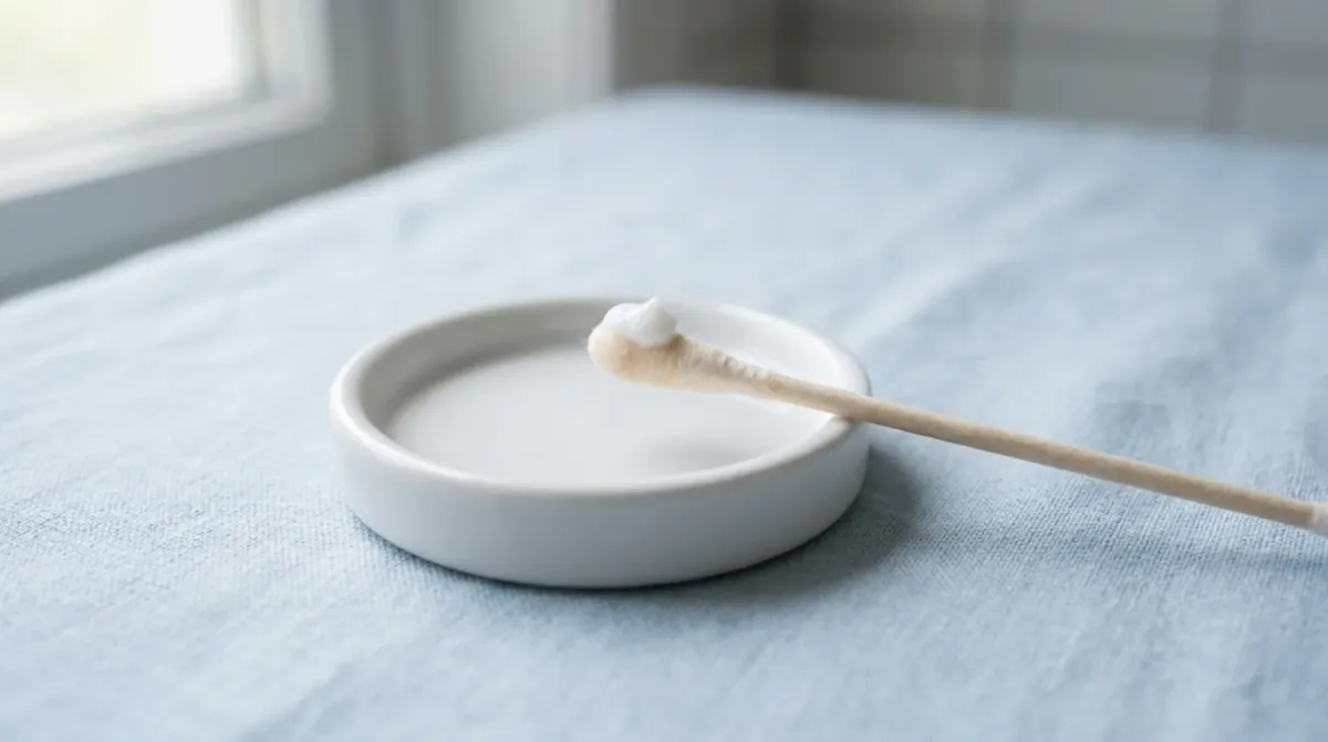 A shallow white ceramic dish with a wooden cotton swab resting across its rim on a pale blue cloth