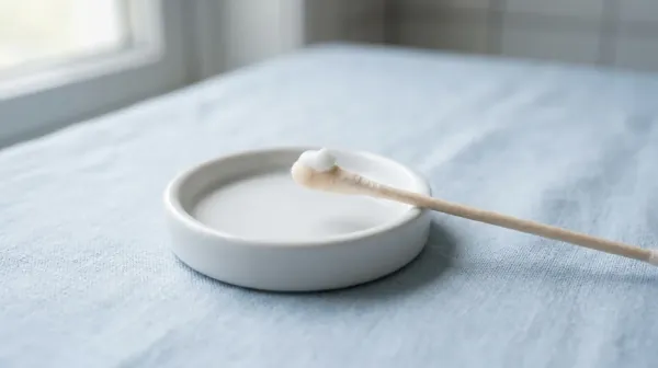 A tube of spot treatment gel and a cotton swab on a light bathroom counter