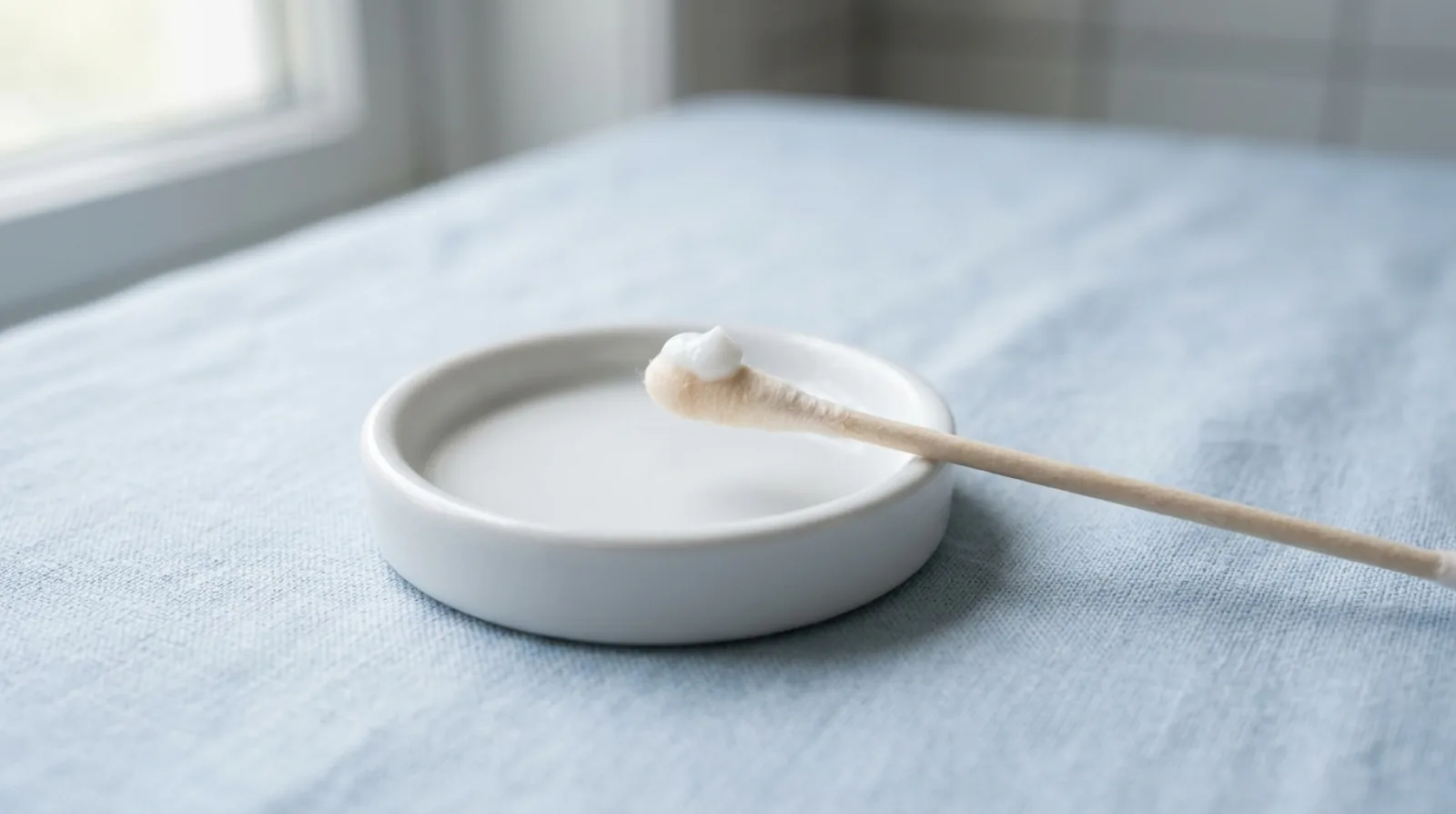 A cotton swab with a dab of white cream on its tip resting on a small white dish