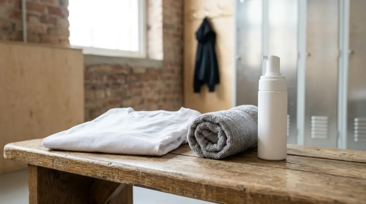 A folded gray workout towel and a water bottle on a gym bench