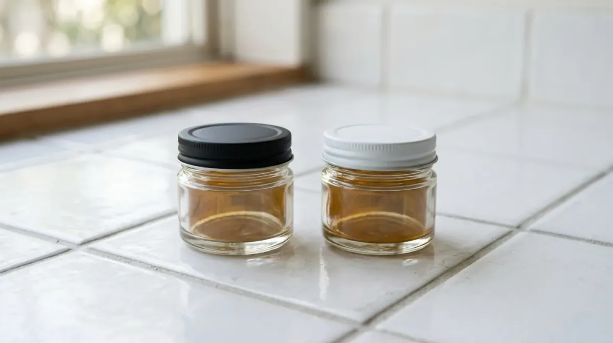 Two small glass jars of amber liquid, one with a black lid and one with a white lid, on white tiles by a window