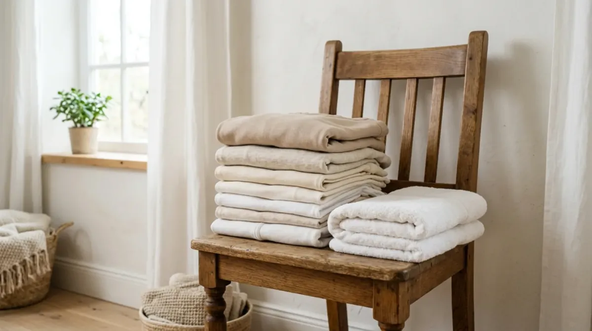 A stack of folded white and cream towels on a wooden chair beside a window with a small potted plant and a woven basket on the floor