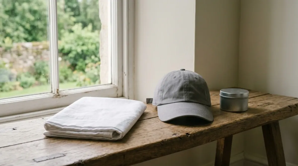 A folded white towel, a grey baseball cap and a small round tin on a wooden bench under a sunny window