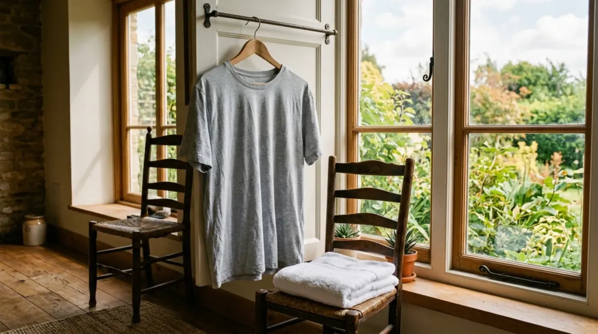 A plain gray T-shirt on a wooden hanger in a sunny room with two wooden chairs and a folded towel near a garden window